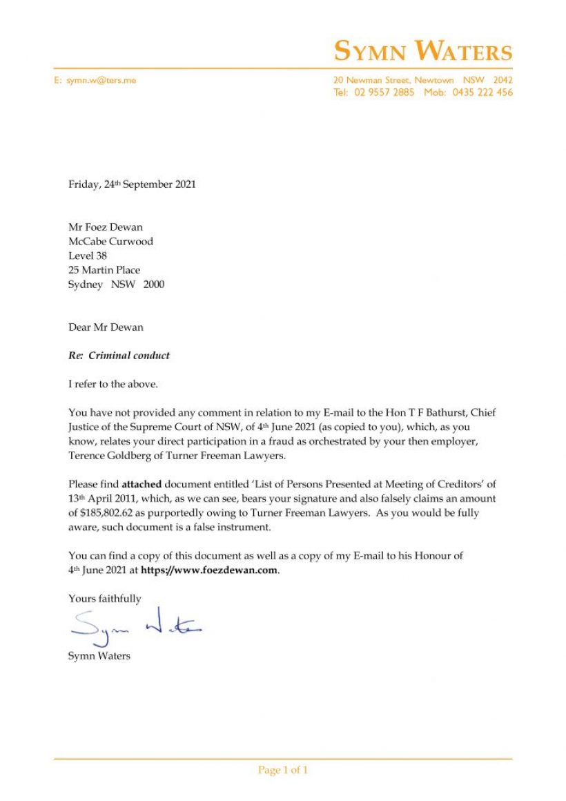 2021 09 24 - Letter to Foez Dewan - criminality